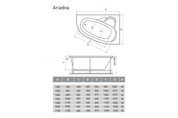 Ванна акриловая правосторонняя Relisan ARIADNA Гл000000538, 170x110