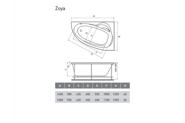 Ванна акриловая правосторонняя Relisan ZOYA Гл000001248, 140x90