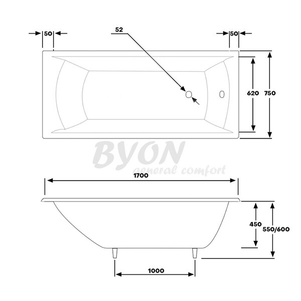 Чугунная ванна Byon Milan 170x75 с ножками в комплекте