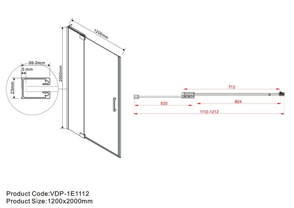 Душевая дверь Vincea Экстра (Extra) VDP-1E1112CLGM 120x200 см, профиль вороненая сталь. Размер регулировки 1112-1212 мм