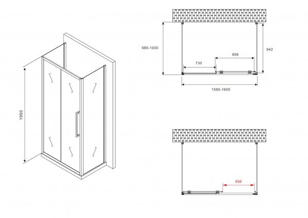 Душевой уголок ABBER Schwarzer Diamant AG30160BH-S100B-S100B дверь раздвижная 160х100