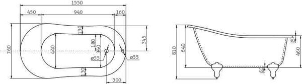 Акриловая ванна BELBAGNO BB06-1550 155х76 см