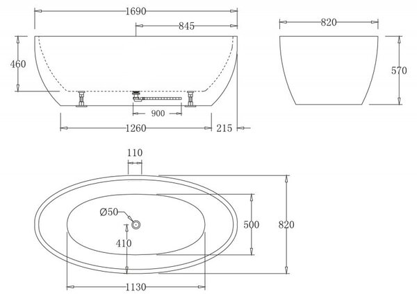 Акриловая ванна без перелива BELBAGNO BB69-1700-W0, 170x82x60 см