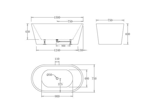 Акриловая ванна без перелива BELBAGNO BB71-1500-W0, 1500x750x600