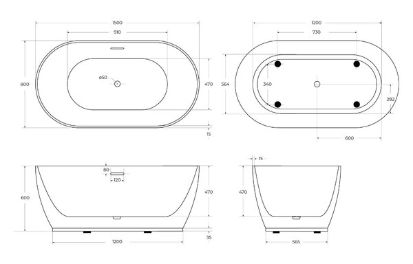 Акриловая ванна BELBAGNO BB413-1500-800 150х80 см