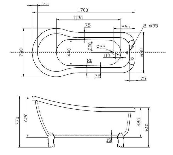 Акриловая ванна BELBAGNO BB20-1700 168х72 см (ножки бронза заказываются дополнительно)