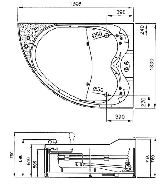 Акриловая ванна Gemy 170х133 G9086 B R с гидромассажем