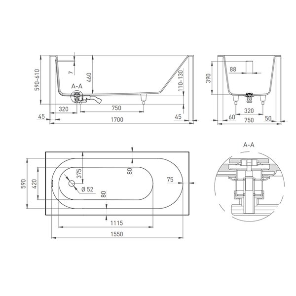 Ванна Salini ORNELLA KIT 170х75 материал S-Sense 102411G покрытие Глянцевое