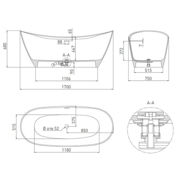 Ванна отдельностоящая Salini NOEMI 170x75 покраска по RAL полностью материал S-Stone 101722MRF покрытие Матовое
