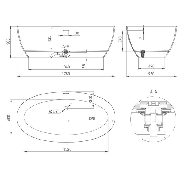 Ванна отдельностоящая Salini ALDA 178x92 покраска по RAL полностью материал S-Sense 101911GRF покрытие Глянцевое