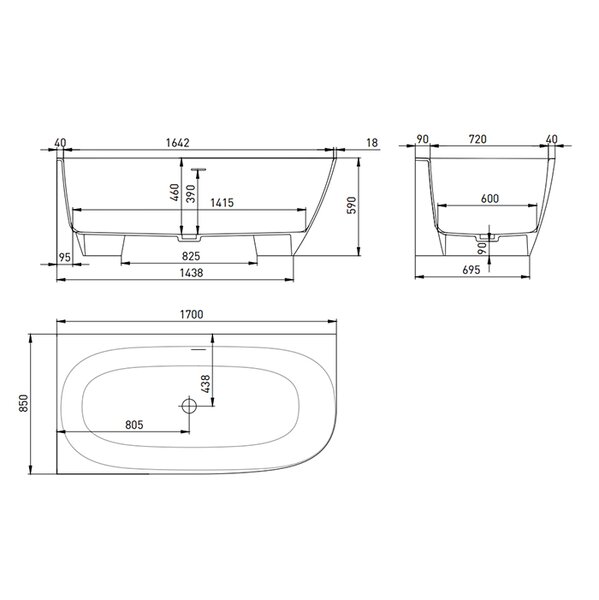Ванна пристенная угловая Salini SOFIA CORNER L 170x85 покраска по RAL полностью материал S-Sense  102515GRF покрытие Глянцевое