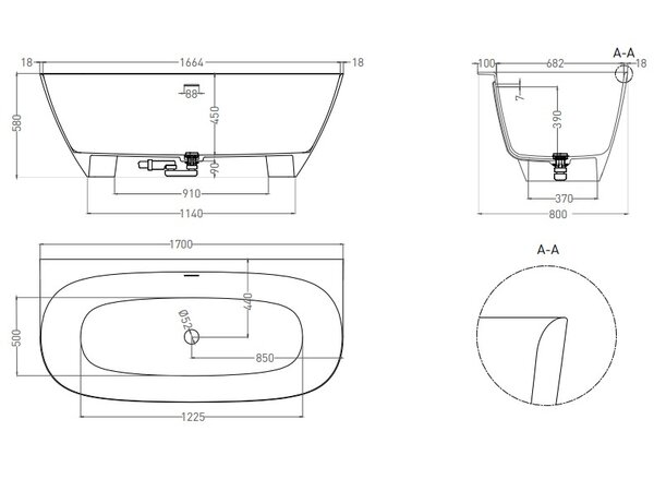 Ванна пристенная  Salini SOFIA WALL 170x80 покраска по RAL полностью материал S-Stone 102522MRF покрытие Матовое