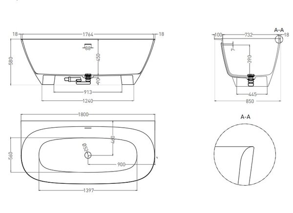 Ванна пристенная  Salini SOFIA WALL 180x85 материал S-stone 102523M покрытие Матовое
