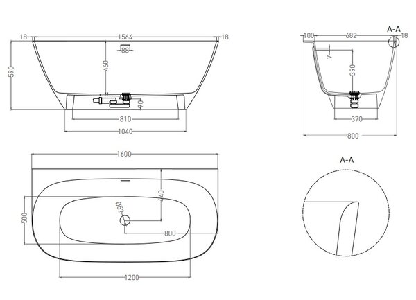 Ванна пристенная  Salini SOFIA WALL 160x80 материал S-Sense  102517G покрытие Глянцевое