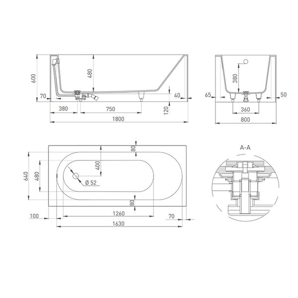 Ванна пристенная Salini FABIA 180x80 материал S-Sense  102612G покрытие Глянцевое