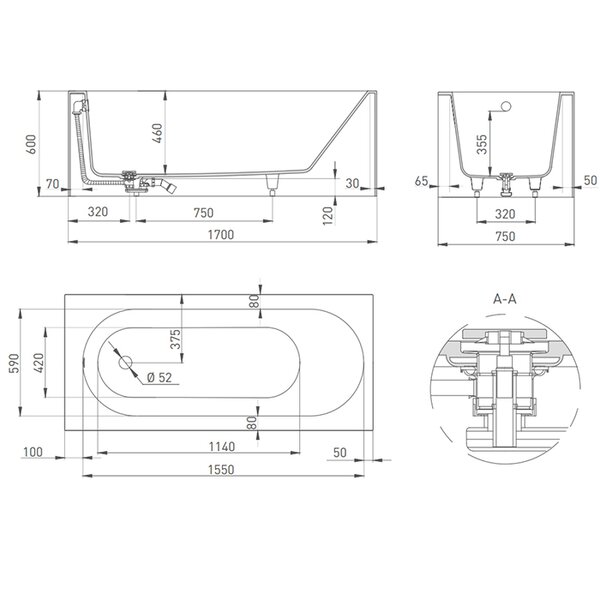 Ванна пристенная Salini FABIA 170x75покраска по RAL полностью материал S-Sense  102611GRF покрытие Глянцевое