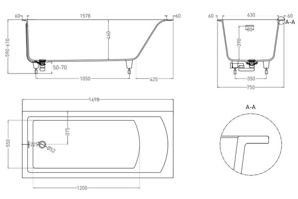 Ванна Salini CASCATA KIT 170x75 материал S-Sense 104313G покрытие Глянцевое