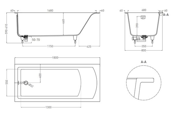 Ванна Salini CASCATA KIT 180x80 материал S-Sense 104513G покрытие Глянцевое
