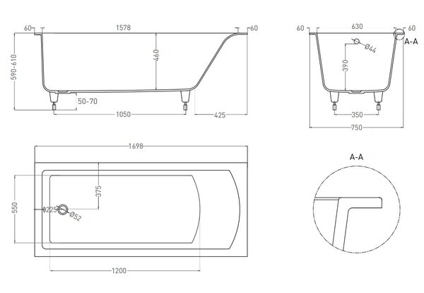 Ванна Salini CASCATA 170x75 материал S-Sense 104113G покрытие Глянцевое