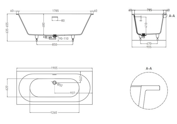 Ванна Salini ORNELLA AXIS KIT 190х90 покраска по RAL полностью материал S-Sense 103512MRF покрытие Матовое