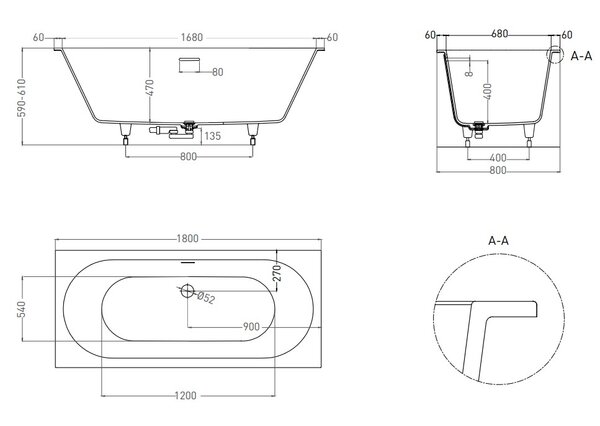 Ванна Salini ORNELLA AXIS KIT 180x80 покраска по RAL полностью материал S-Sense 103511MRF покрытие Матовое