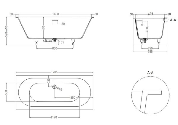 Ванна Salini ORNELLA AXIS KIT 170x75 материал S-Sense 103513M покрытие Матовое