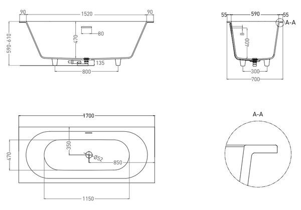 Ванна Salini ORNELLA AXIS KIT 170x70 покраска по RAL полностью материал S-Sense 104713MRF покрытие Матовое