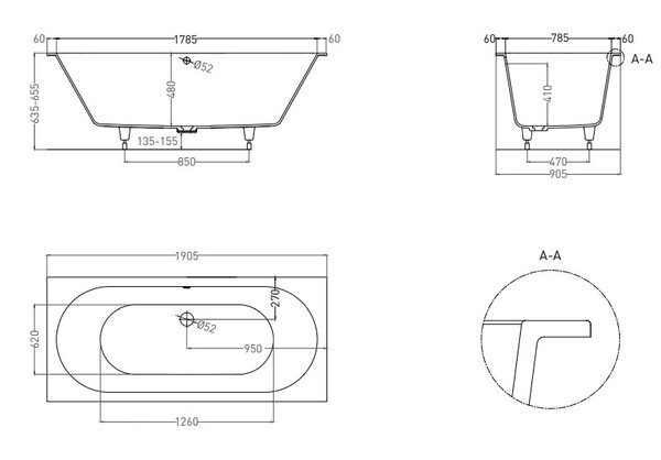 Ванна Salini ORNELLA AXIS 190х90 покраска по RAL полностью материал S-Sense 103412MRF покрытие Матовое