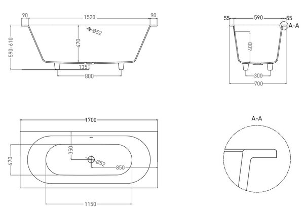 Ванна Salini ORNELLA AXIS 170x70 покраска по RAL полностью материал S-Sense 104613MRF покрытие Матовое