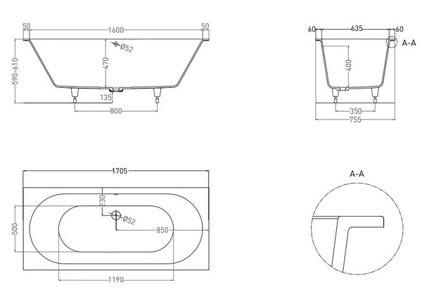 Ванна Salini ORNELLA AXIS 170x75 покраска по RAL полностью материал S-Sense 103413MRF покрытие Матовое