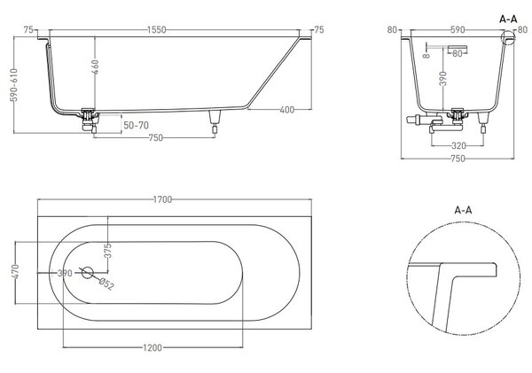 Ванна Salini ORNELLA KIT 170х75 покраска по RAL полностью материал S-Sense 102411MRF покрытие Матовое
