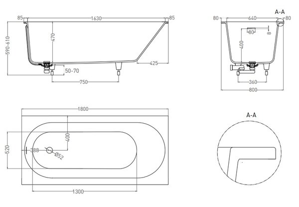Ванна Salini ORNELLA KIT 180x80 покраска по RAL полностью материал S-Sense 102412MRF покрытие Матовое