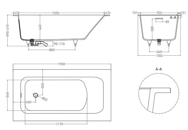Ванна Salini ORLANDA KIT PLUS 190х100 покраска по RAL полностью материал S-Sense 102114GRF покрытие Глянцевое