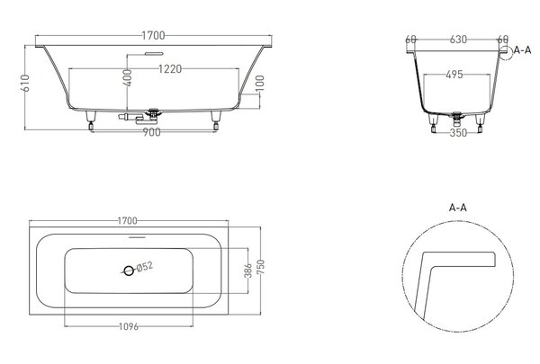 Ванна Salini ORLANDA AXIS KIT 170x75 материал S-Sense 103313M покрытие Матовое