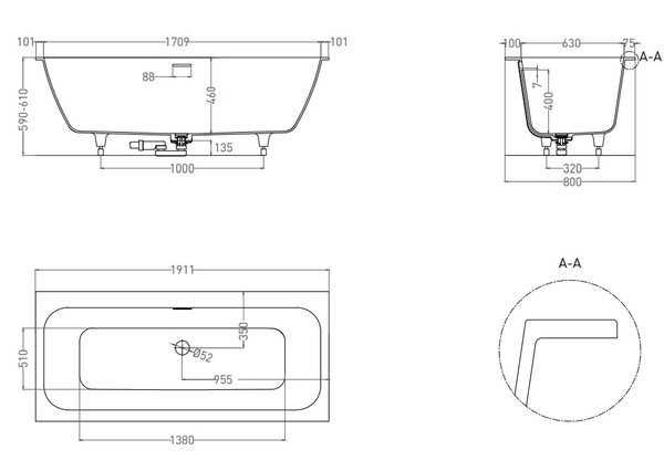 Ванна Salini ORLANDA AXIS KIT 190x80 покраска по RAL полностью материал S-Sense 103311MRF покрытие Матовое