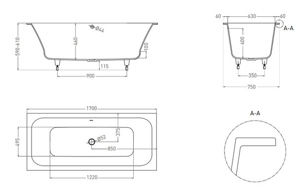 Ванна Salini ORLANDA AXIS 170x75 покраска по RAL полностью материал S-Sense 103213MRF покрытие Матовое