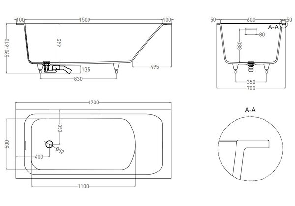 Ванна Salini ORLANDA KIT 170х70 покраска по RAL полностью материал S-Sense 102111GRF покрытие Глянцевое