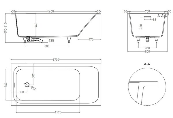 Ванна Salini ORLANDA KIT 170х80 покраска по RAL полностью материал S-Sense 102116MRF покрытие Матовое