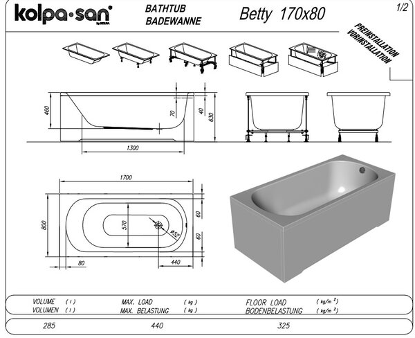 Ванна Kolpa San BETTY 170x80 NEW акриловая на каркасе со сливом переливом
