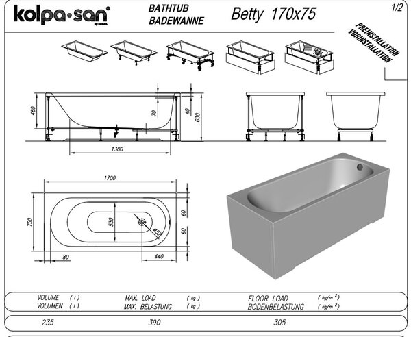 Ванна Kolpa San BETTY 170x75 NEW акриловая на каркасе со сливом переливом