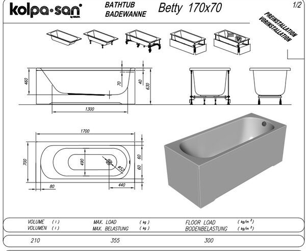 Ванна Kolpa San BETTY 170x70 NEW акриловая на каркасе со сливом переливом