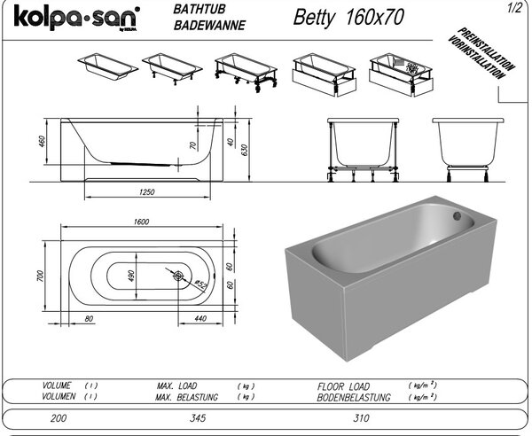 Ванна Kolpa San BETTY 160x70 NEW акриловая на каркасе со сливом переливом