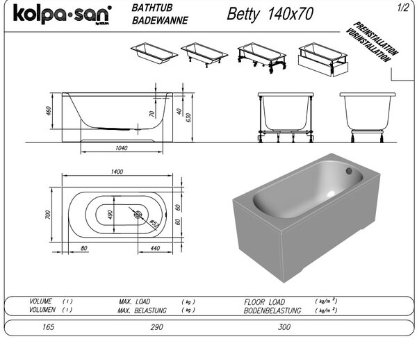 Ванна Kolpa San BETTY 140x70 NEW акриловая на каркасе со сливом переливом