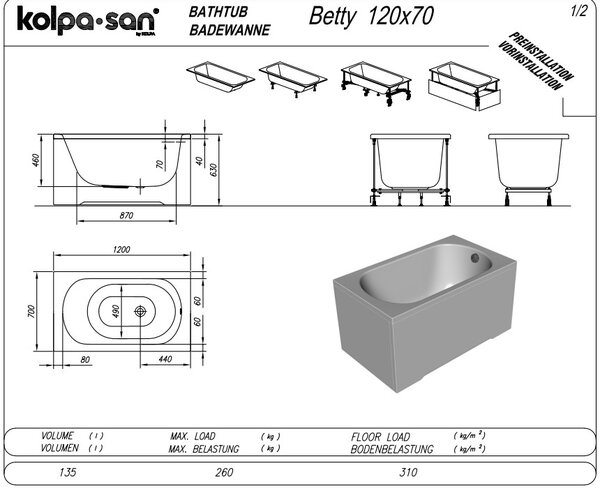 Ванна Kolpa San BETTY 120x70 NEW акриловая на каркасе со сливом переливом