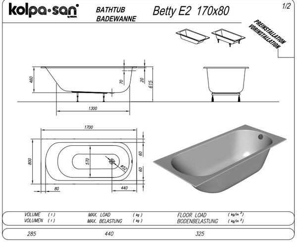 Ванна Kolpa San BETTY E2 170x80 NEW акриловая на каркасе со сливом переливом