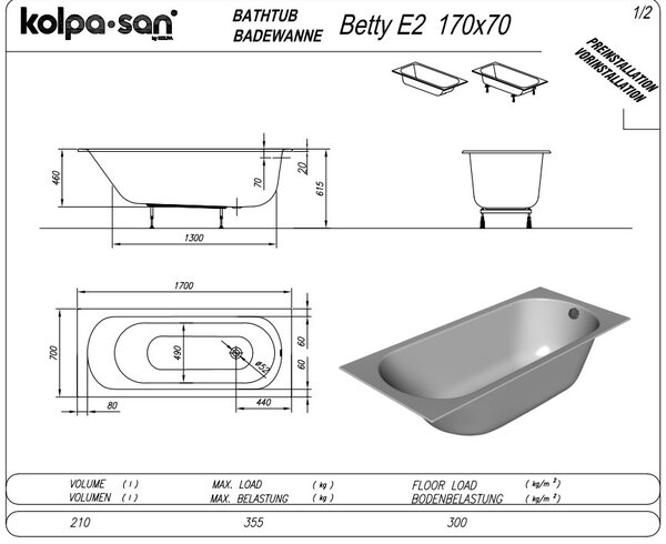Ванна Kolpa San BETTY E2 170x70 NEW акриловая на каркасе со сливом переливом
