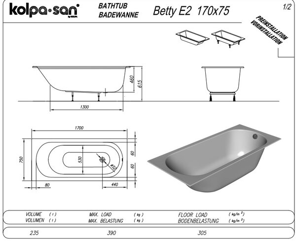 Ванна Kolpa San BETTY E2 170x75 NEW акриловая на каркасе со сливом переливом