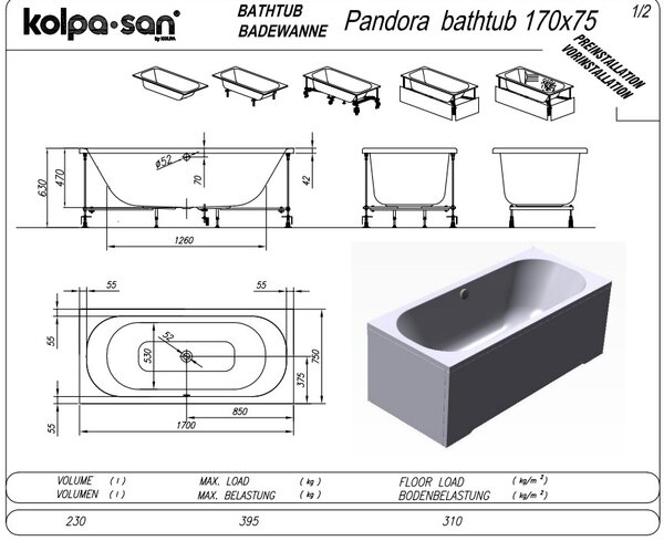 Ванна Kolpa San PANDORA 170x75 акриловая на каркасе со сливом переливом