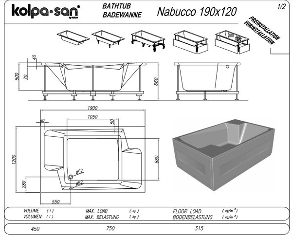 Ванна Kolpa San NABUCCO 190x120 акриловая на каркасе со сливом переливом