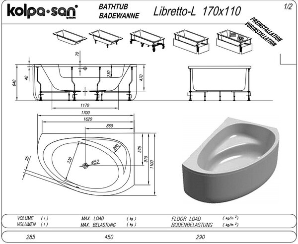 Ванна Kolpa San LIBRETTO 170x110 L акриловая на каркасе со сливом переливом